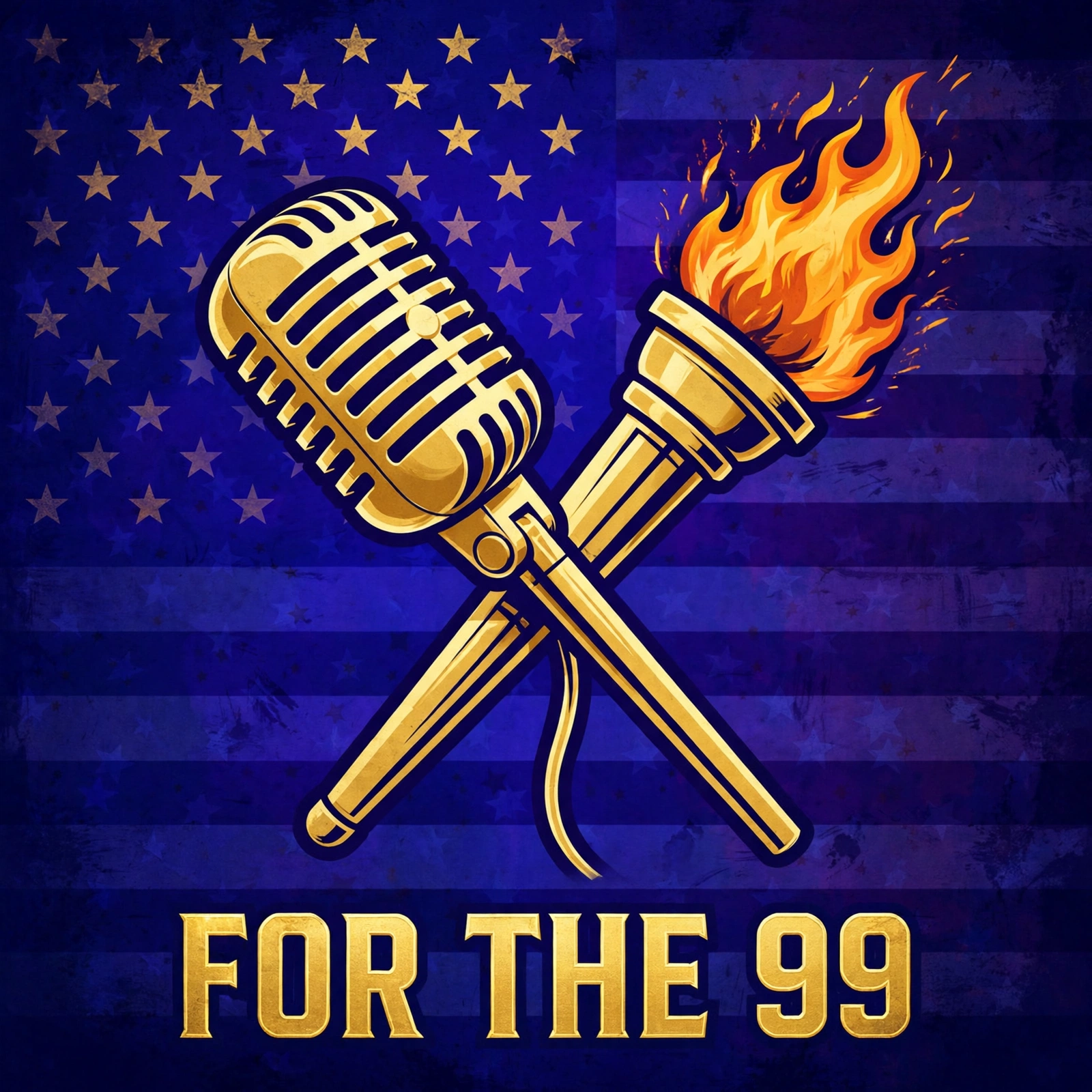 For the 99 podcast cover art — gold microphone crossed with the torch of liberty